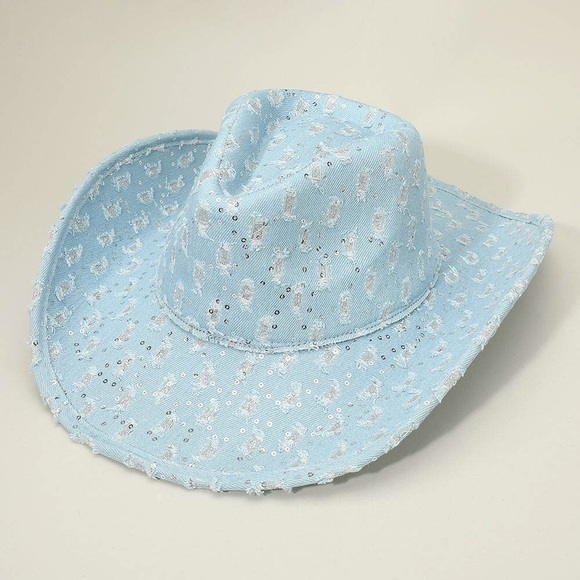 Wide Brim Distressed Sequin Pattern Cowboy Fedora Hat - Picture 2 of 6